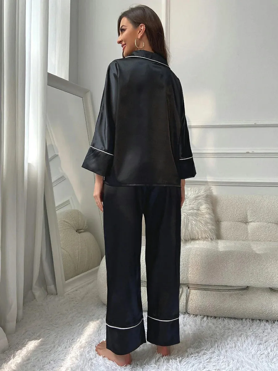 Slessic Classic Smooth Satin Long Sleeve Simple Pajama Set