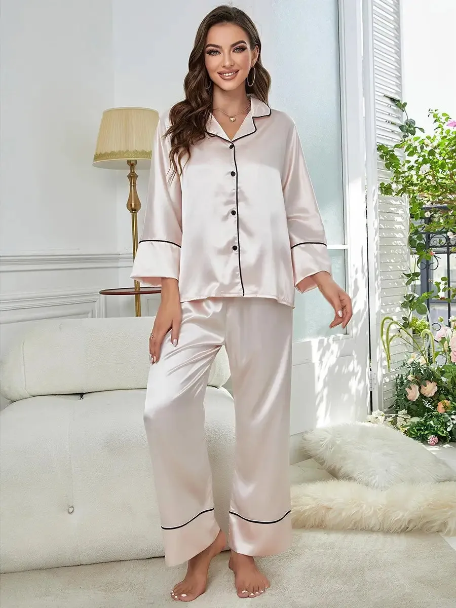 Slessic Classic Smooth Satin Long Sleeve Simple Pajama Set