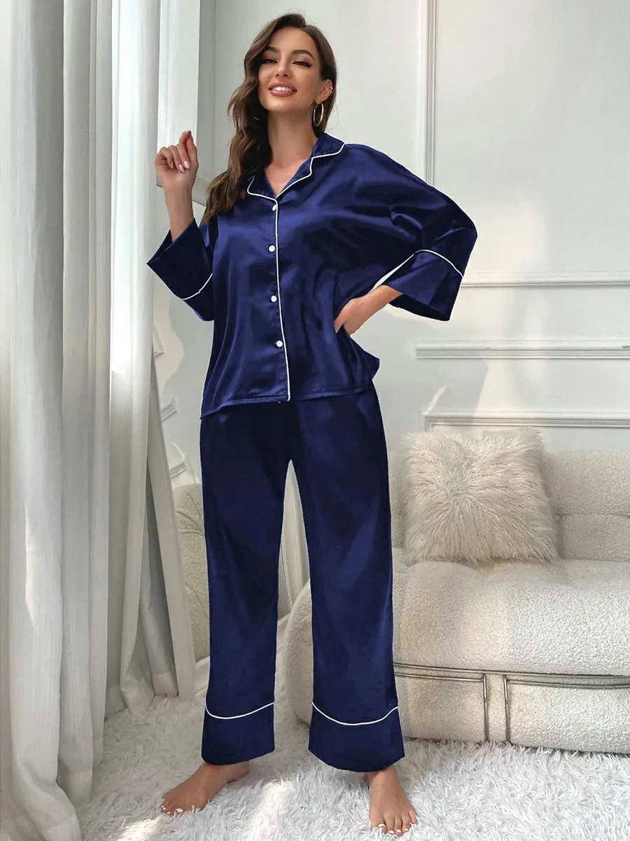 Slessic Classic Smooth Satin Long Sleeve Simple Pajama Set