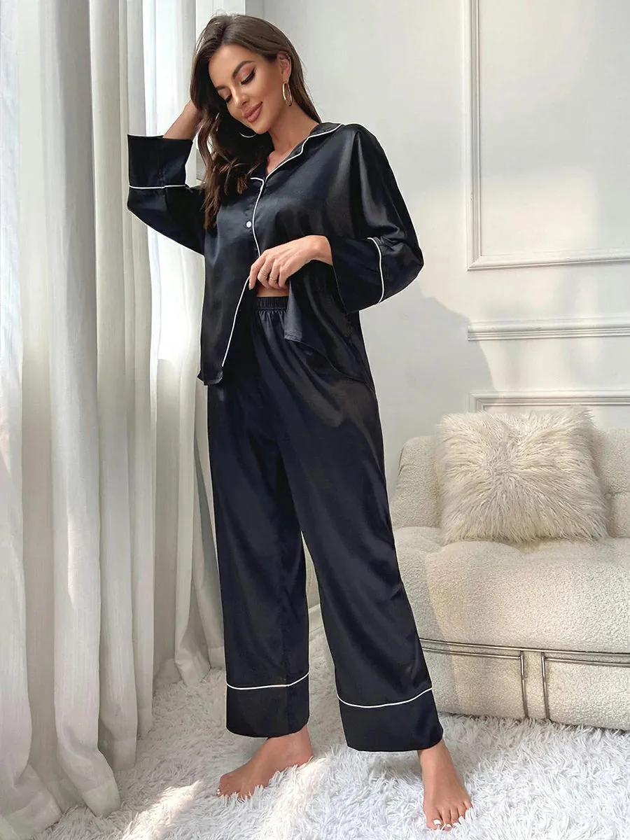 Slessic Classic Smooth Satin Long Sleeve Simple Pajama Set