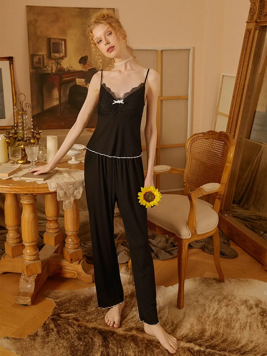 Slessic Lace Flower Button Cami Robe Pajama Set