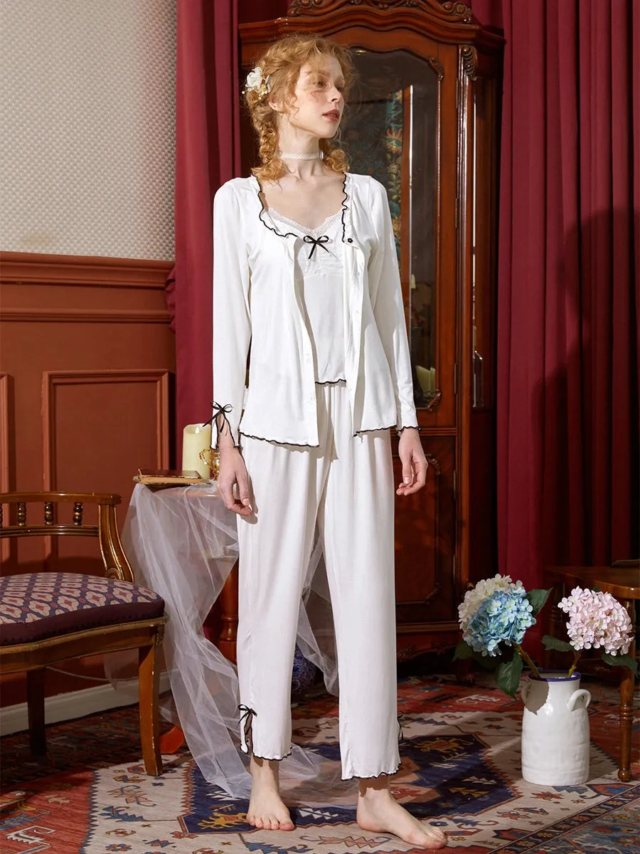 Slessic Lace Flower Button Cami Robe Pajama Set