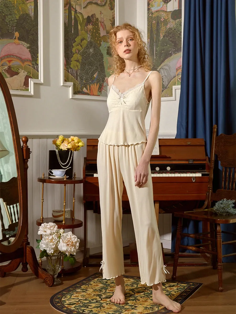 Slessic Lace Flower Button Cami Robe Pajama Set
