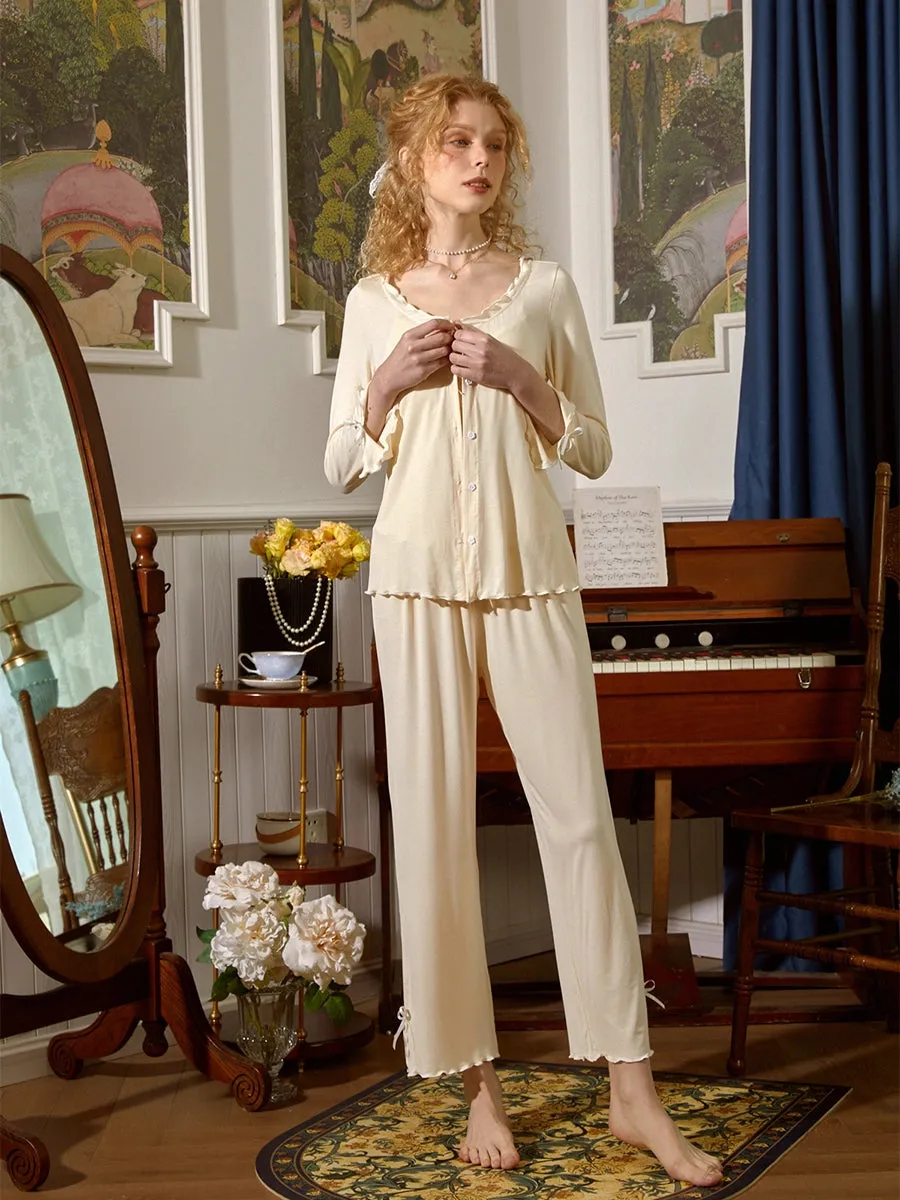 Slessic Lace Flower Button Cami Robe Pajama Set