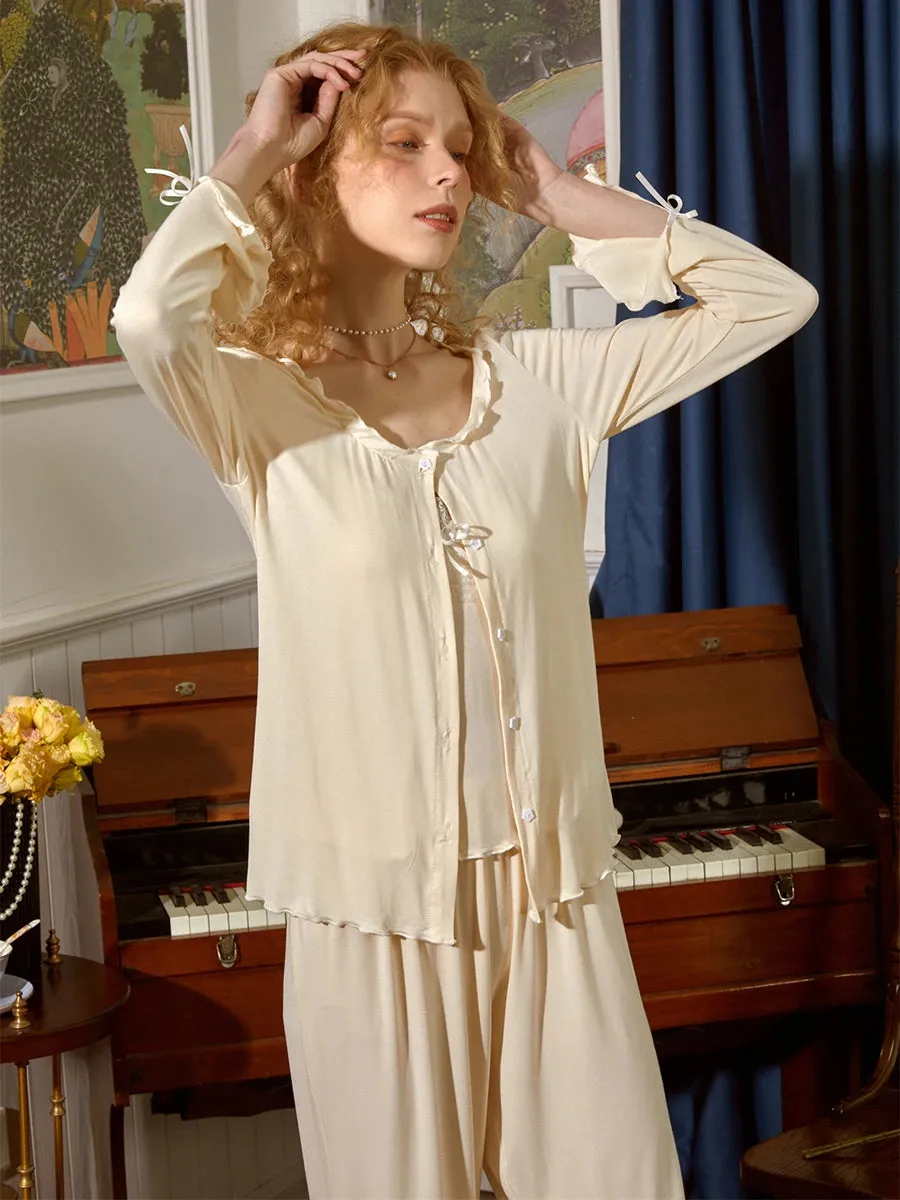 Slessic Lace Flower Button Cami Robe Pajama Set