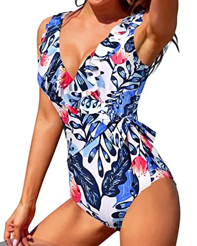 Slimming Bathing Suits Wrapped One Piece Swimsuits For Women-White And Blue Floral