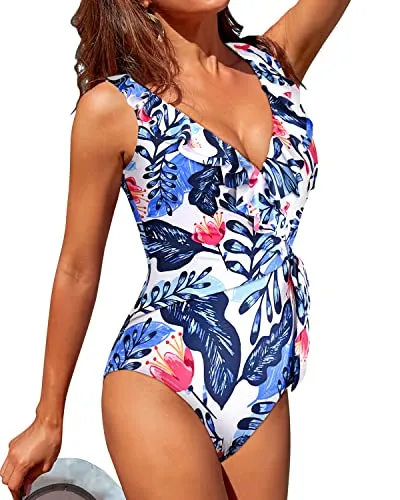 Slimming Bathing Suits Wrapped One Piece Swimsuits For Women-White And Blue Floral