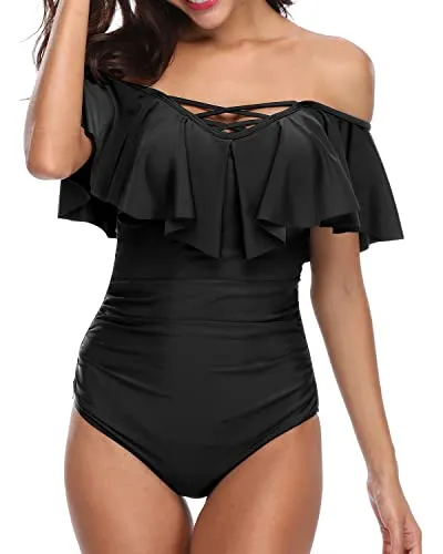 Slimming Full Coverage One Piece Swimsuit Ruffle Off Shoulder Swimsuit-Black