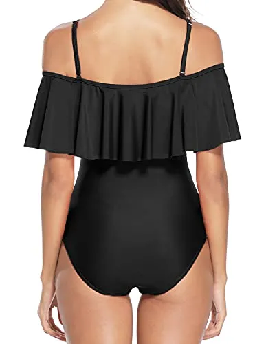 Slimming Full Coverage One Piece Swimsuit Ruffle Off Shoulder Swimsuit-Black