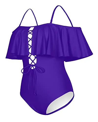 Slimming Lace-Up Front Ruffled One Piece Swimsuit For Ladies-Purple