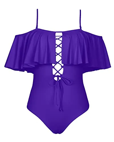 Slimming Lace-Up Front Ruffled One Piece Swimsuit For Ladies-Purple