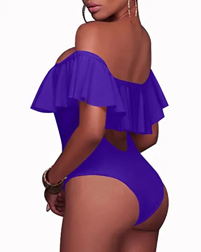 Slimming Lace-Up Front Ruffled One Piece Swimsuit For Ladies-Purple
