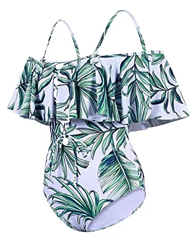 Slimming Lace Up Ruffled One Piece Swimsuit For Women-Green Leaf