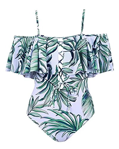 Slimming Lace Up Ruffled One Piece Swimsuit For Women-Green Leaf