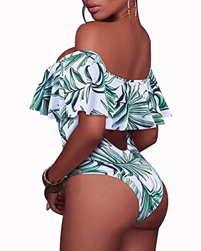 Slimming Lace Up Ruffled One Piece Swimsuit For Women-Green Leaf
