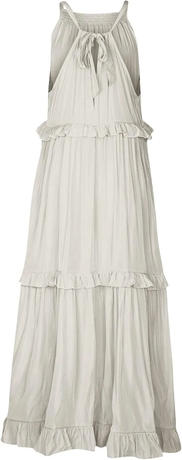 Smocked Dress Women Summer Sleeveless Tank Dresses Halter Tie Back Flowy Ruffle Tiered Maxi Dress with Pockets