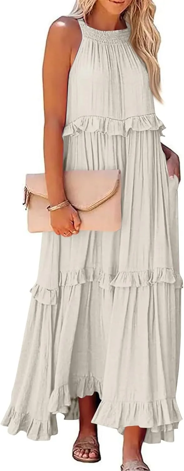 Smocked Dress Women Summer Sleeveless Tank Dresses Halter Tie Back Flowy Ruffle Tiered Maxi Dress with Pockets