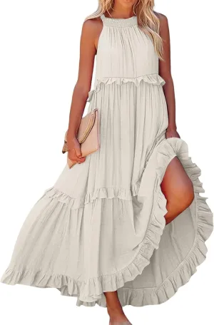 Smocked Dress Women Summer Sleeveless Tank Dresses Halter Tie Back Flowy Ruffle Tiered Maxi Dress with Pockets