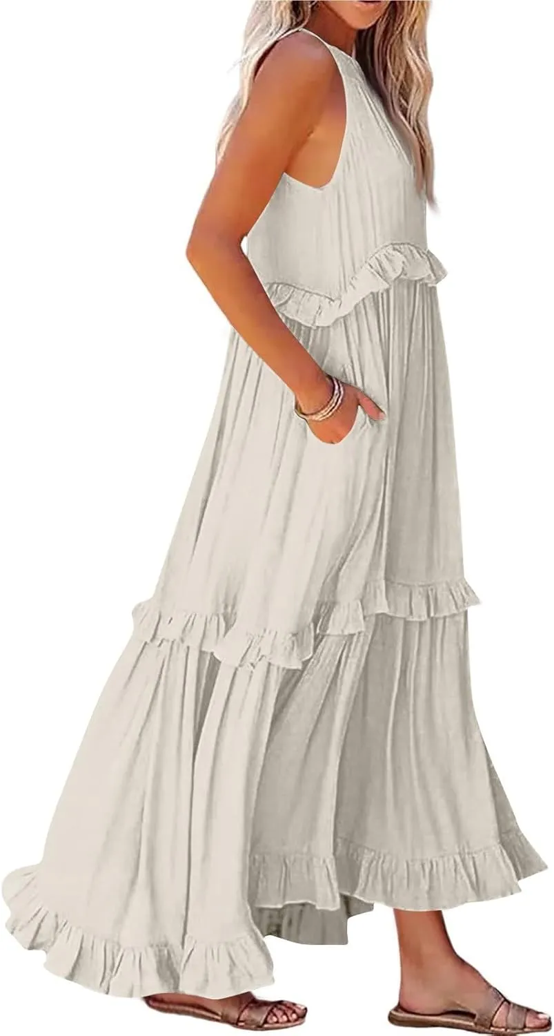 Smocked Dress Women Summer Sleeveless Tank Dresses Halter Tie Back Flowy Ruffle Tiered Maxi Dress with Pockets