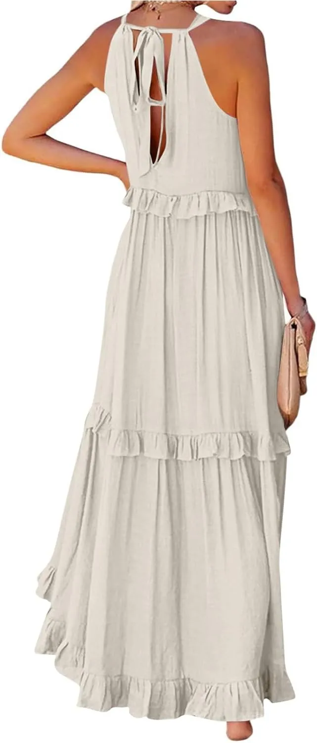 Smocked Dress Women Summer Sleeveless Tank Dresses Halter Tie Back Flowy Ruffle Tiered Maxi Dress with Pockets