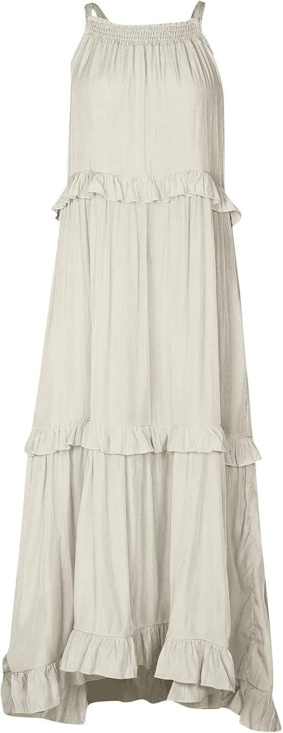Smocked Dress Women Summer Sleeveless Tank Dresses Halter Tie Back Flowy Ruffle Tiered Maxi Dress with Pockets
