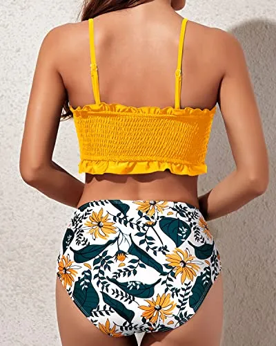 Smocked High Waisted Bikini Set Ruffled Bikini-Yellow Floral
