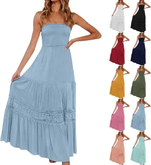 Smocked Maxi Dress Women a Line Strapless Tube Top Dress 2025 Casual Summer Tiered Lace Long Empire Waist Dresses
