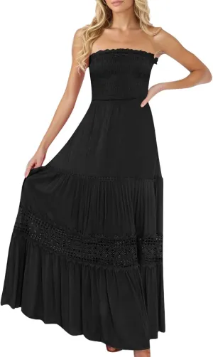 Smocked Maxi Dress Women a Line Strapless Tube Top Dress 2025 Casual Summer Tiered Lace Long Empire Waist Dresses