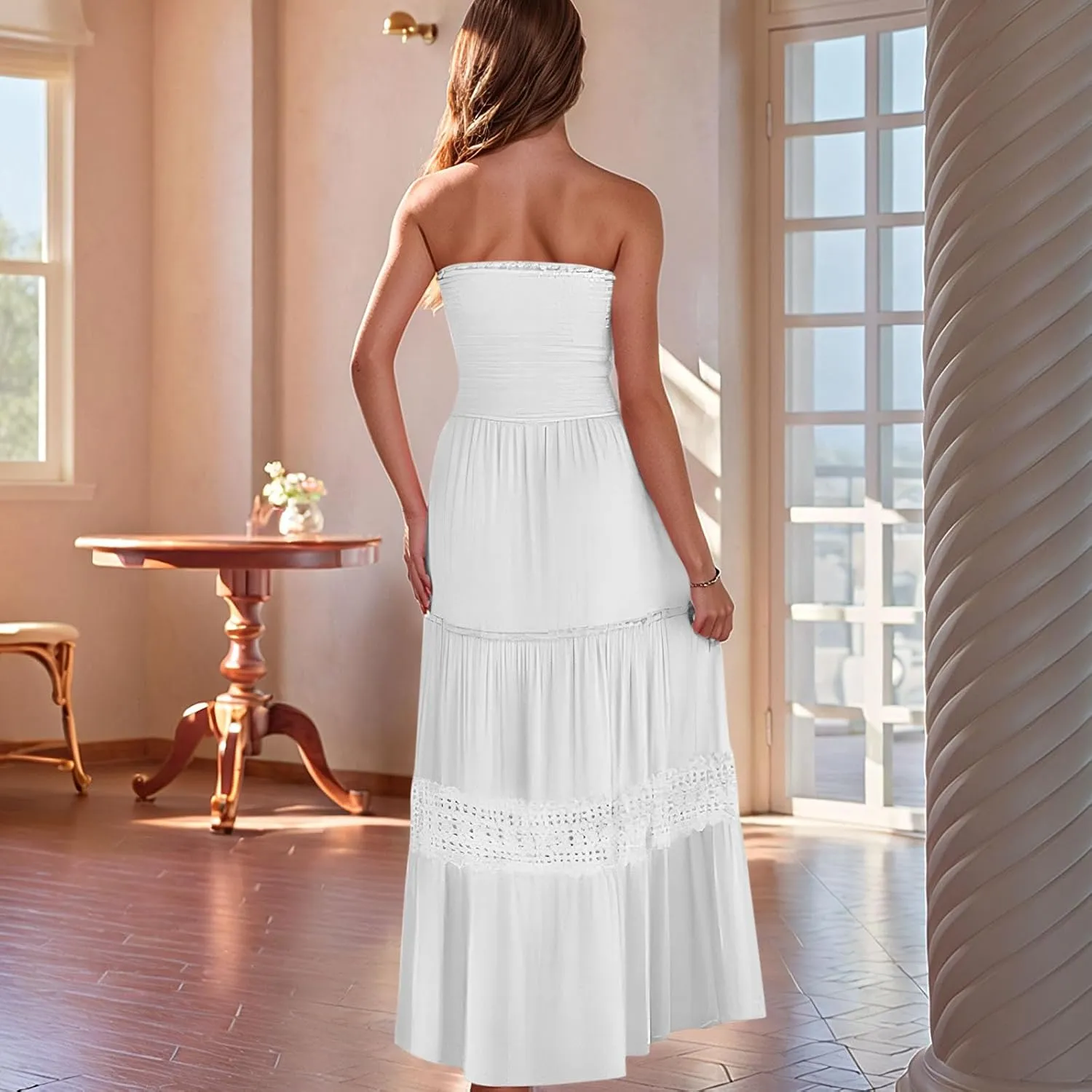 Smocked Maxi Dress Women a Line Strapless Tube Top Dress 2025 Casual Summer Tiered Lace Long Empire Waist Dresses