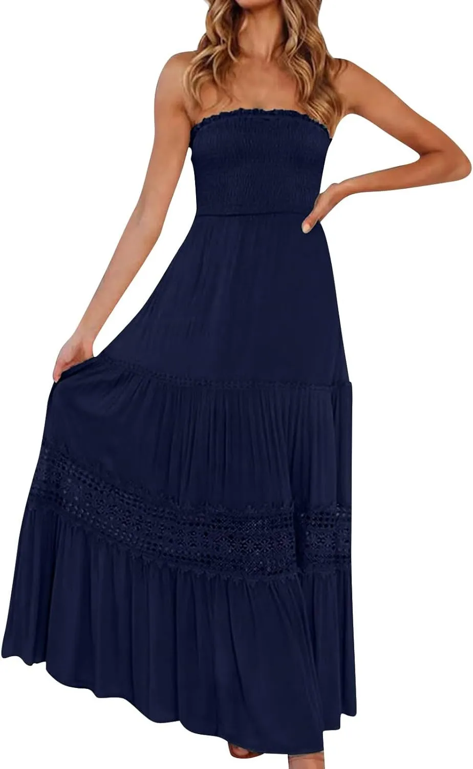 Smocked Maxi Dress Women a Line Strapless Tube Top Dress 2025 Casual Summer Tiered Lace Long Empire Waist Dresses