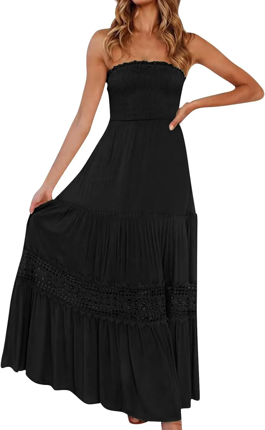 Smocked Maxi Dress Women a Line Strapless Tube Top Dress 2025 Casual Summer Tiered Lace Long Empire Waist Dresses