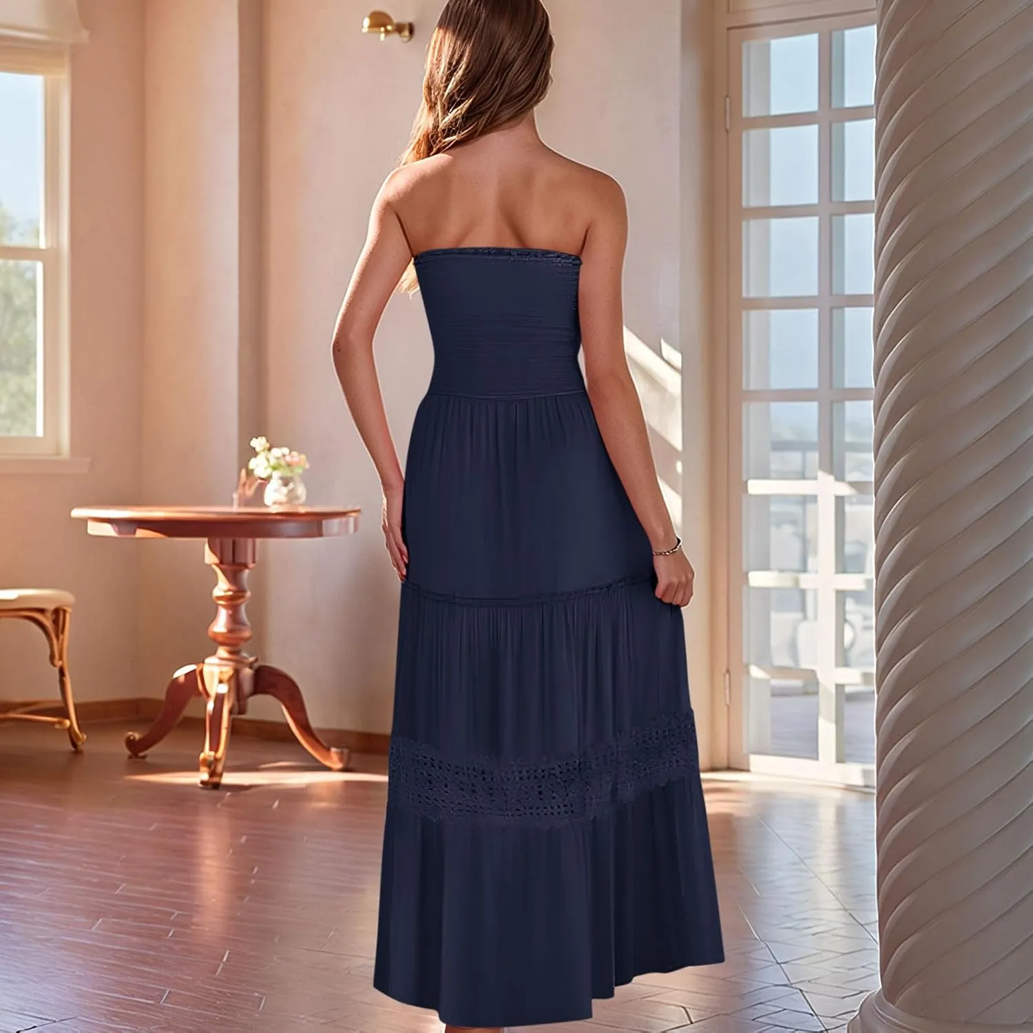 Smocked Maxi Dress Women a Line Strapless Tube Top Dress 2025 Casual Summer Tiered Lace Long Empire Waist Dresses