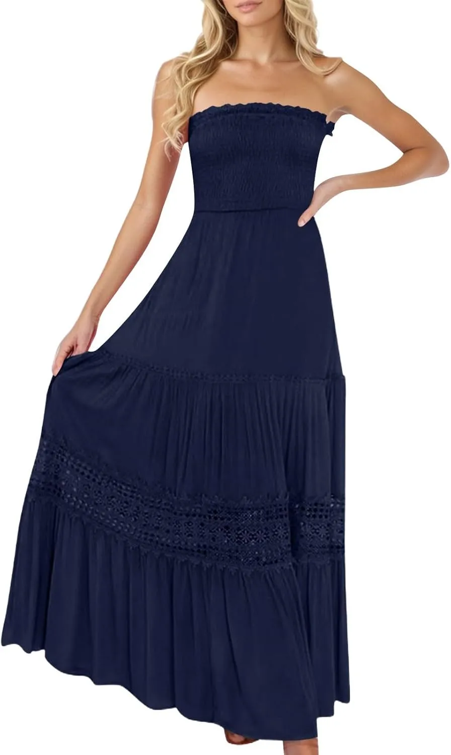 Smocked Maxi Dress Women a Line Strapless Tube Top Dress 2025 Casual Summer Tiered Lace Long Empire Waist Dresses