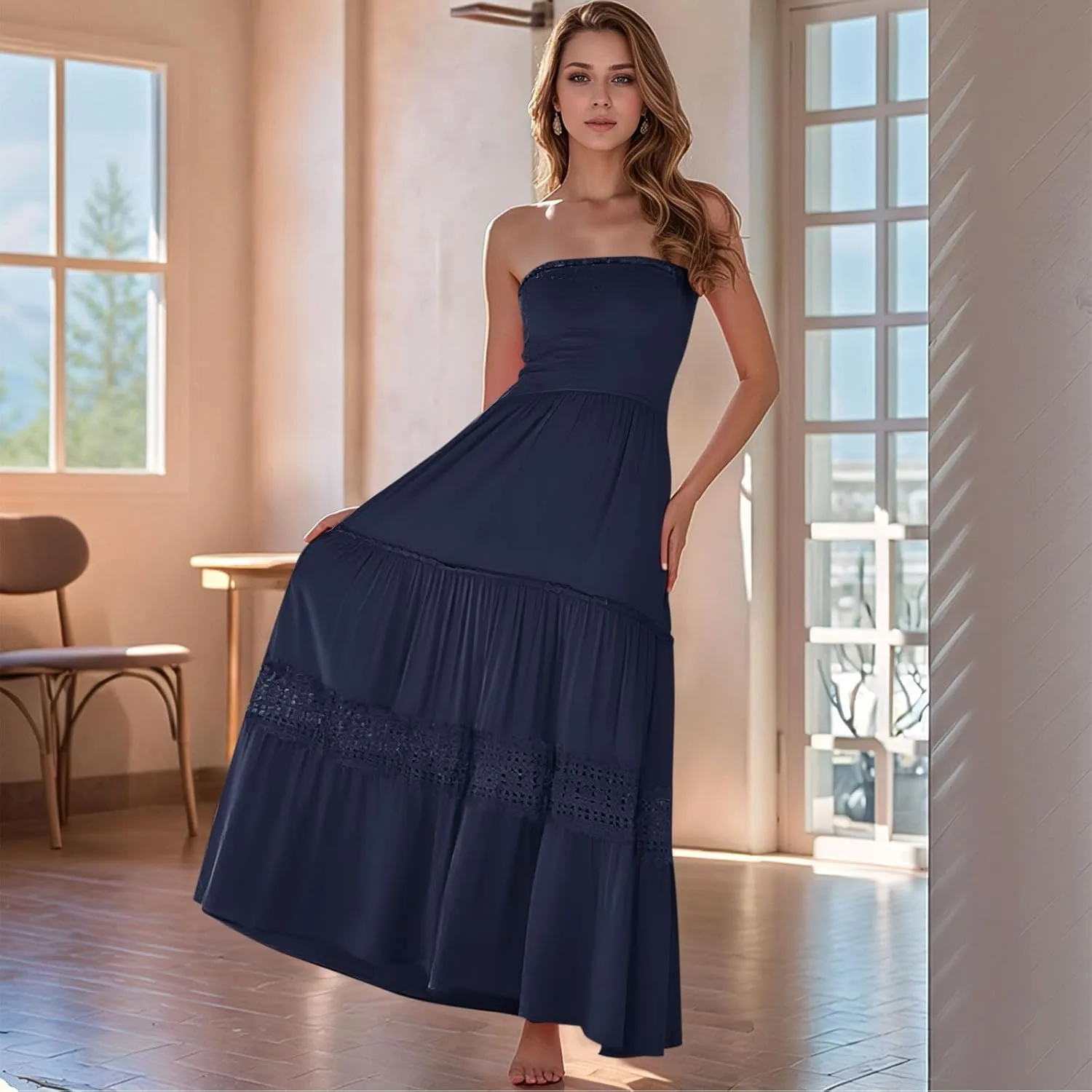 Smocked Maxi Dress Women a Line Strapless Tube Top Dress 2025 Casual Summer Tiered Lace Long Empire Waist Dresses