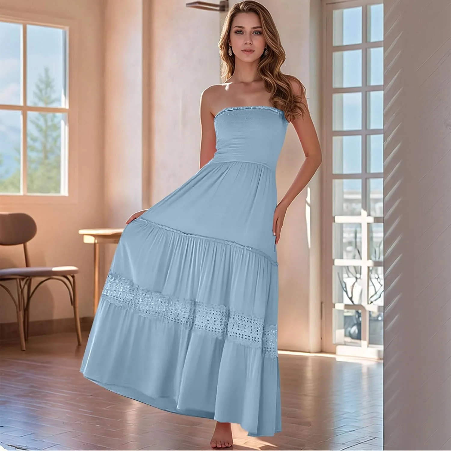 Smocked Maxi Dress Women a Line Strapless Tube Top Dress 2025 Casual Summer Tiered Lace Long Empire Waist Dresses