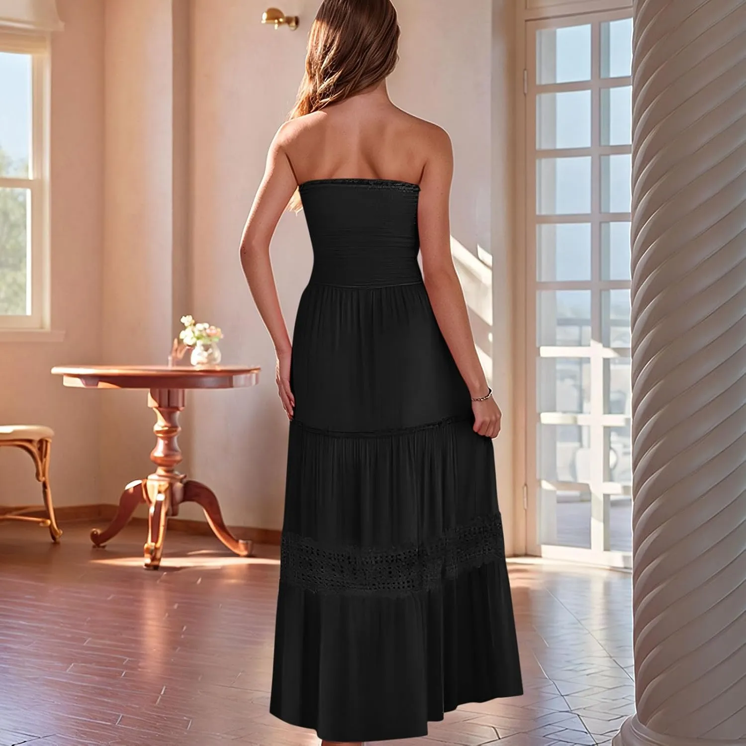 Smocked Maxi Dress Women a Line Strapless Tube Top Dress 2025 Casual Summer Tiered Lace Long Empire Waist Dresses