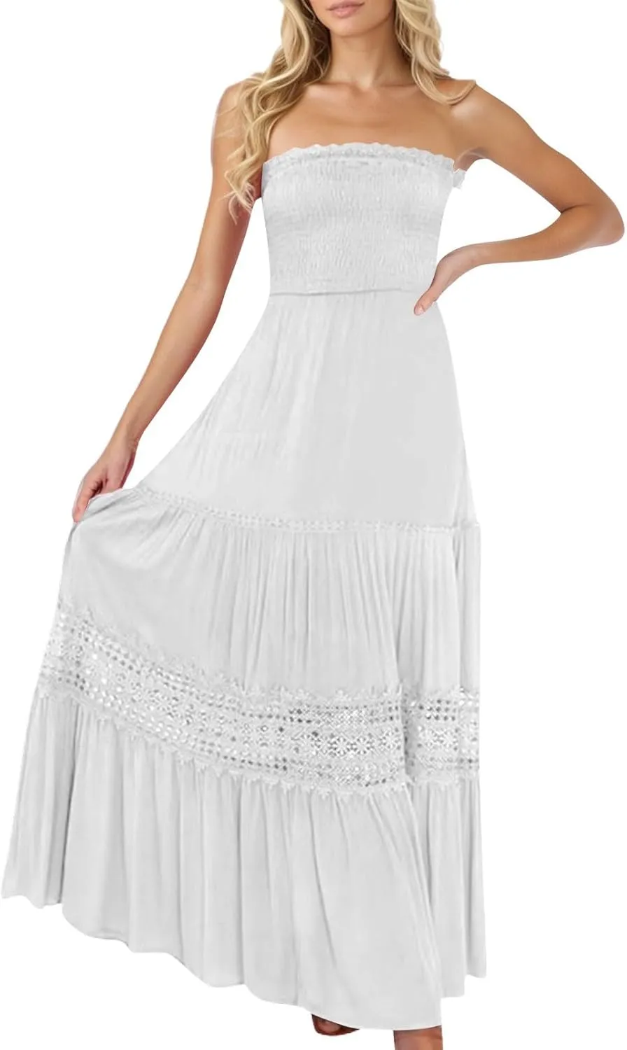 Smocked Maxi Dress Women a Line Strapless Tube Top Dress 2025 Casual Summer Tiered Lace Long Empire Waist Dresses