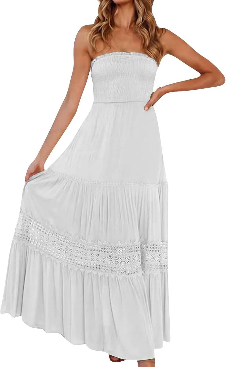 Smocked Maxi Dress Women a Line Strapless Tube Top Dress 2025 Casual Summer Tiered Lace Long Empire Waist Dresses