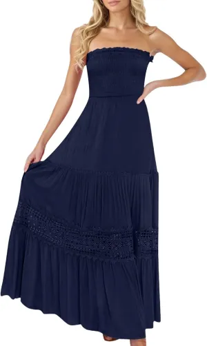 Smocked Maxi Dress Women a Line Strapless Tube Top Dress 2025 Casual Summer Tiered Lace Long Empire Waist Dresses