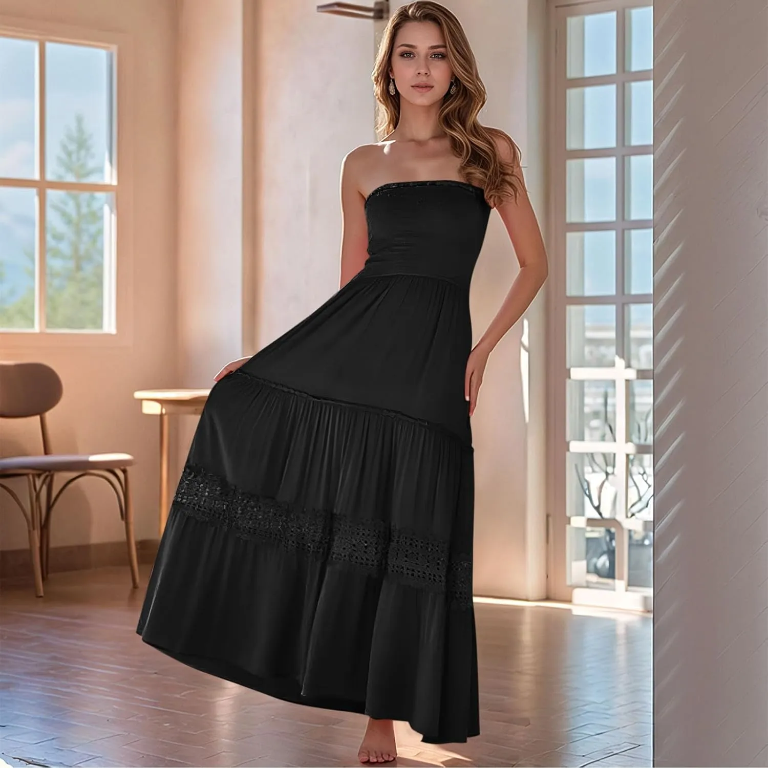 Smocked Maxi Dress Women a Line Strapless Tube Top Dress 2025 Casual Summer Tiered Lace Long Empire Waist Dresses