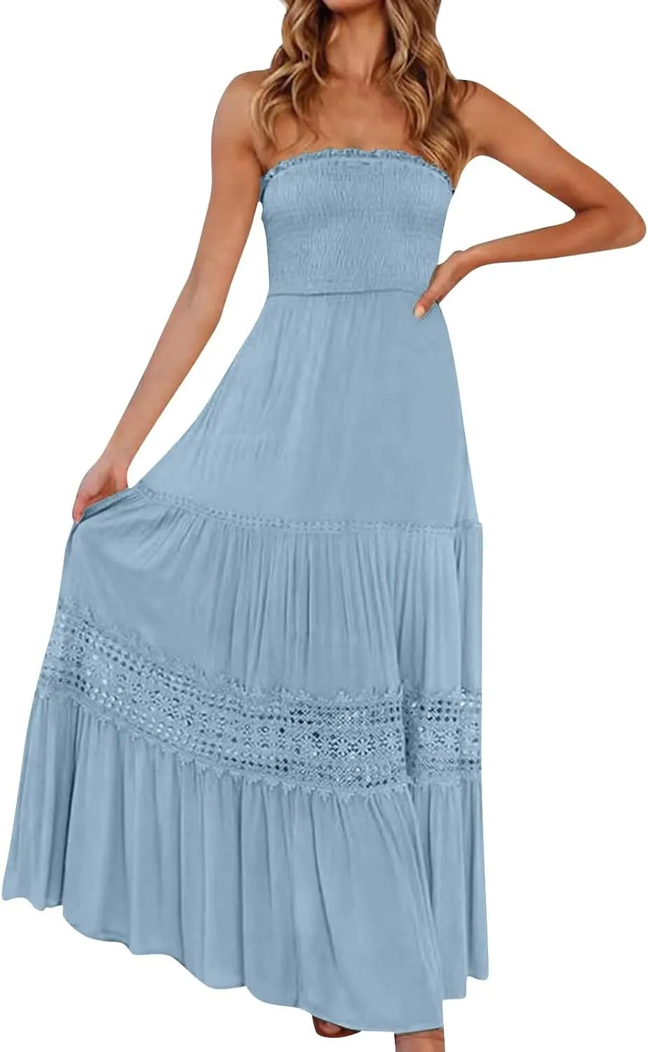 Smocked Maxi Dress Women a Line Strapless Tube Top Dress 2025 Casual Summer Tiered Lace Long Empire Waist Dresses