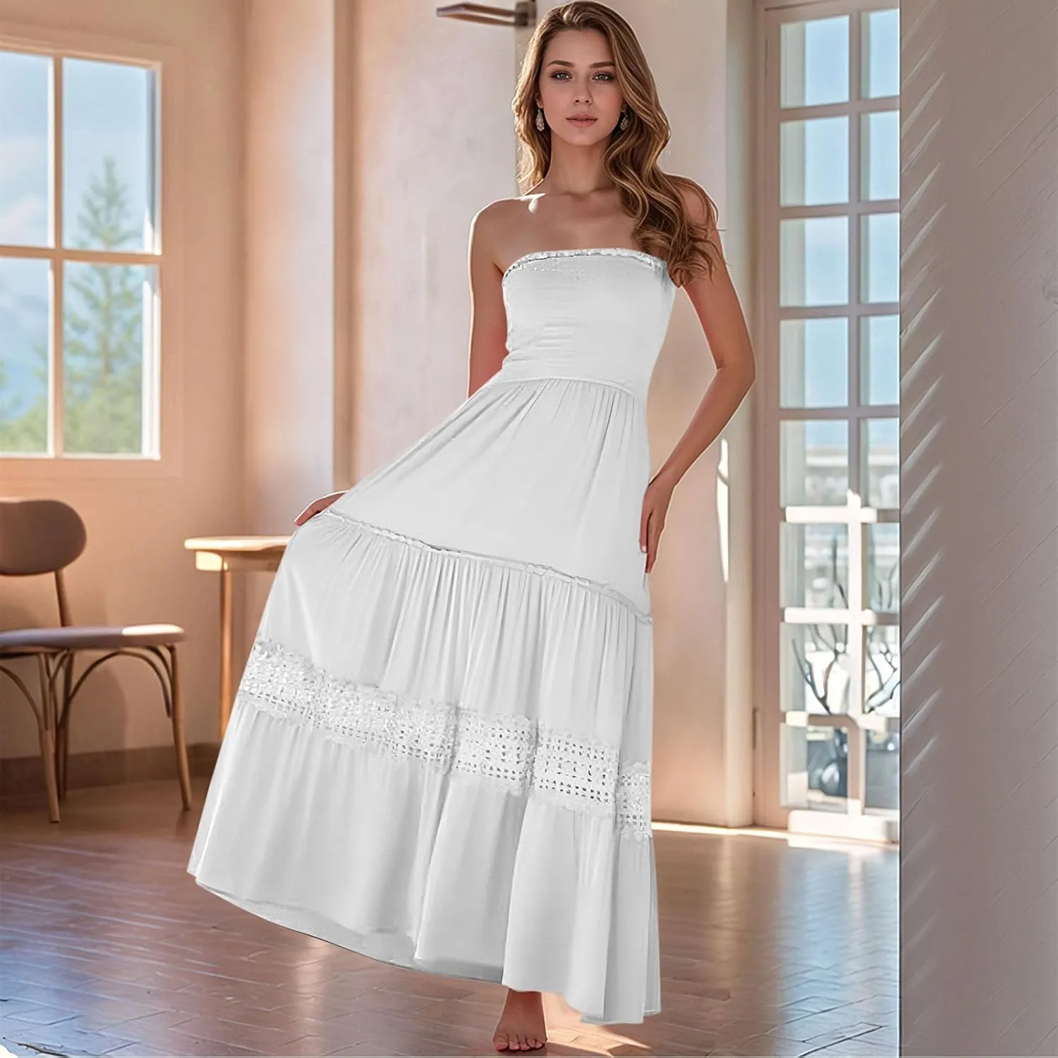 Smocked Maxi Dress Women a Line Strapless Tube Top Dress 2025 Casual Summer Tiered Lace Long Empire Waist Dresses