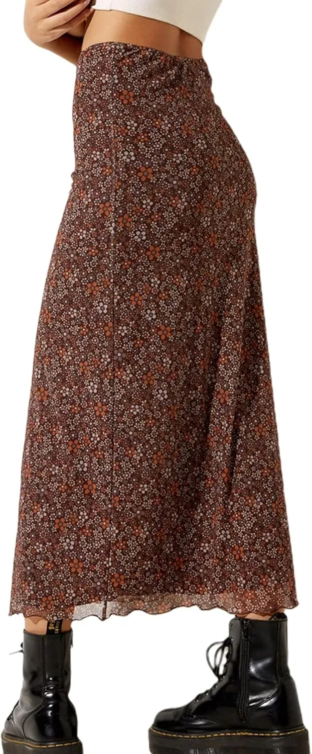 SOFIA'S CHOICE Midi Skirts for Women Elastic High Waisted A Line Flowy Floral Skirt