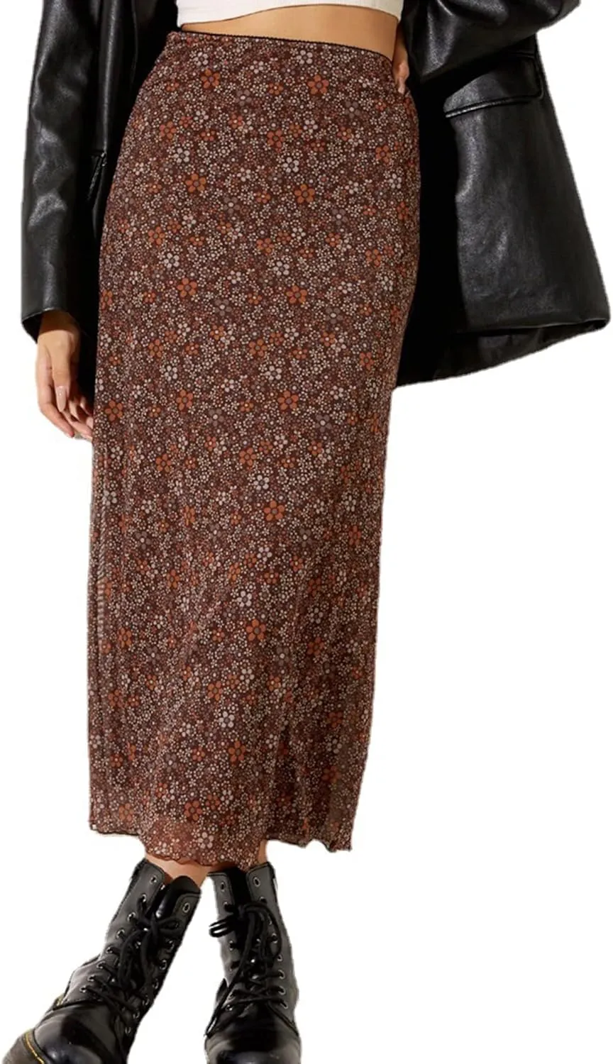 SOFIA'S CHOICE Midi Skirts for Women Elastic High Waisted A Line Flowy Floral Skirt