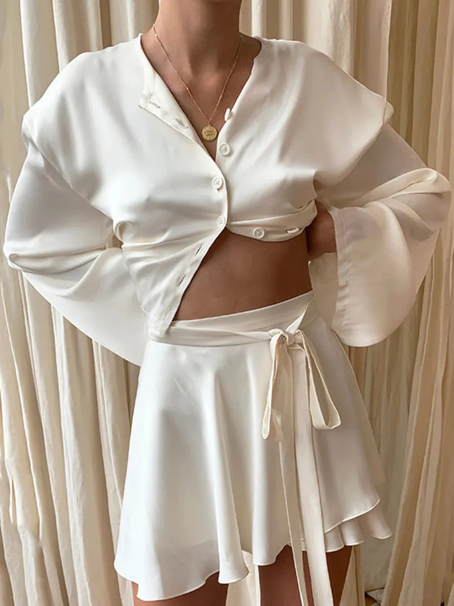 Solid Color Button Flares Sleeve Skirts Set