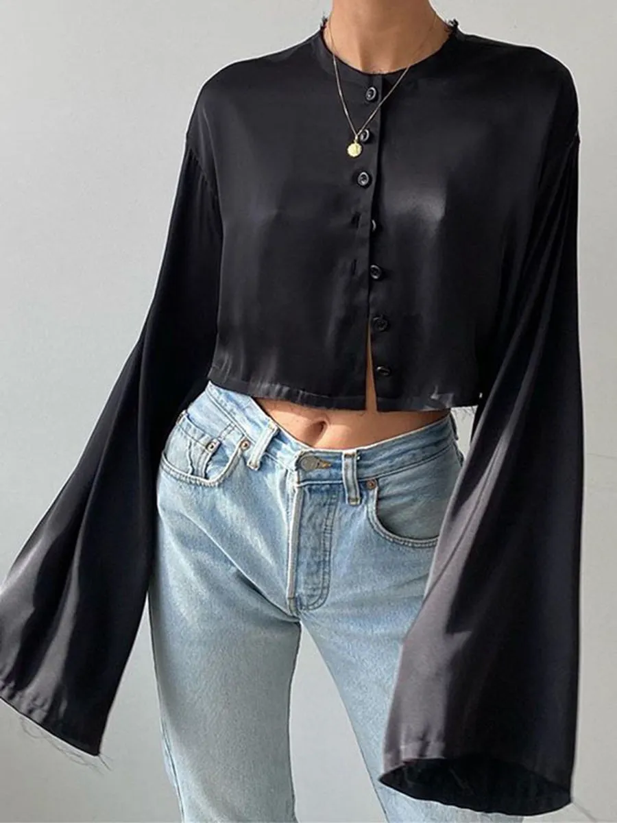 Solid Color Button Flares Sleeve Skirts Set