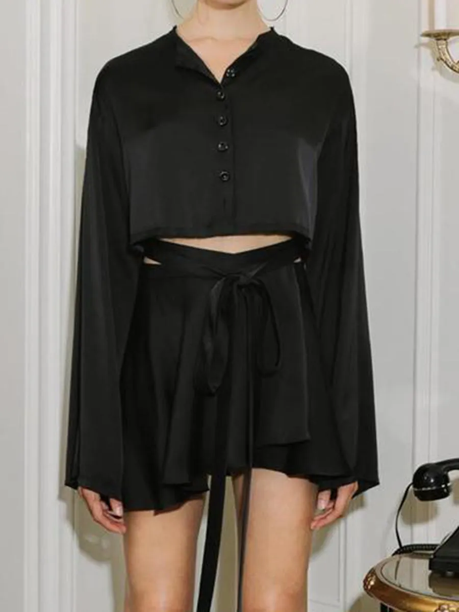 Solid Color Button Flares Sleeve Skirts Set