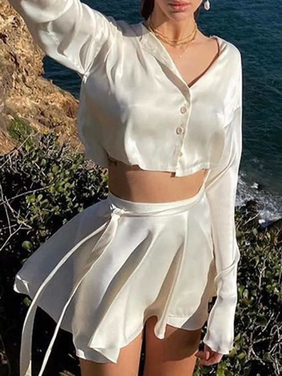 Solid Color Button Flares Sleeve Skirts Set