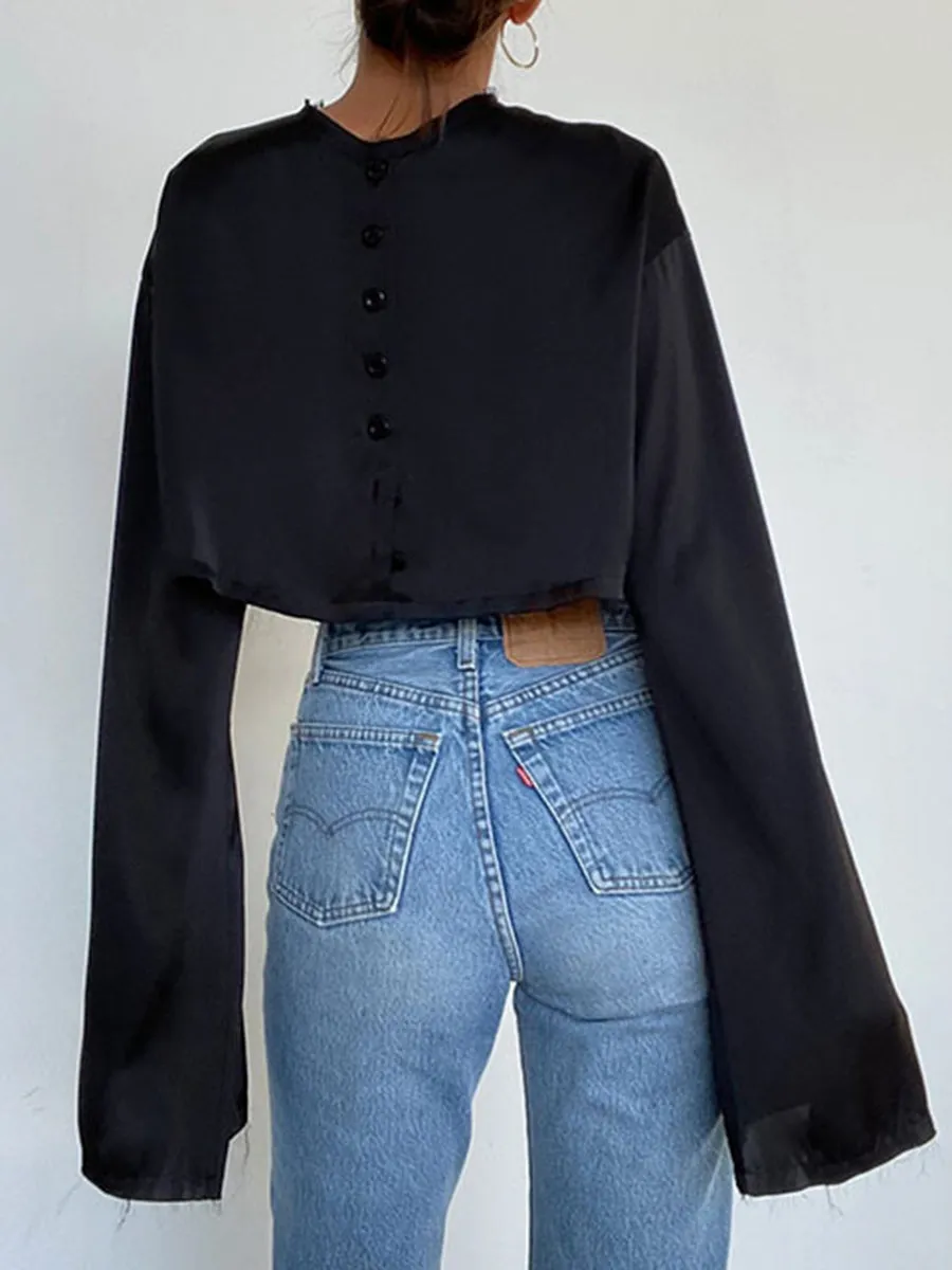 Solid Color Button Flares Sleeve Skirts Set