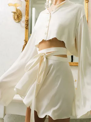 Solid Color Button Flares Sleeve Skirts Set